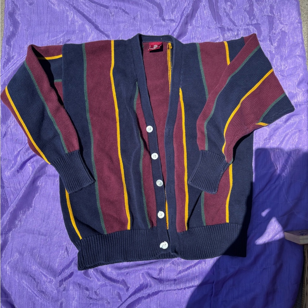 VTG 80s 90s Nordstrom Cotton Knit Sweater Cardigan  Multicolor Stripes XL